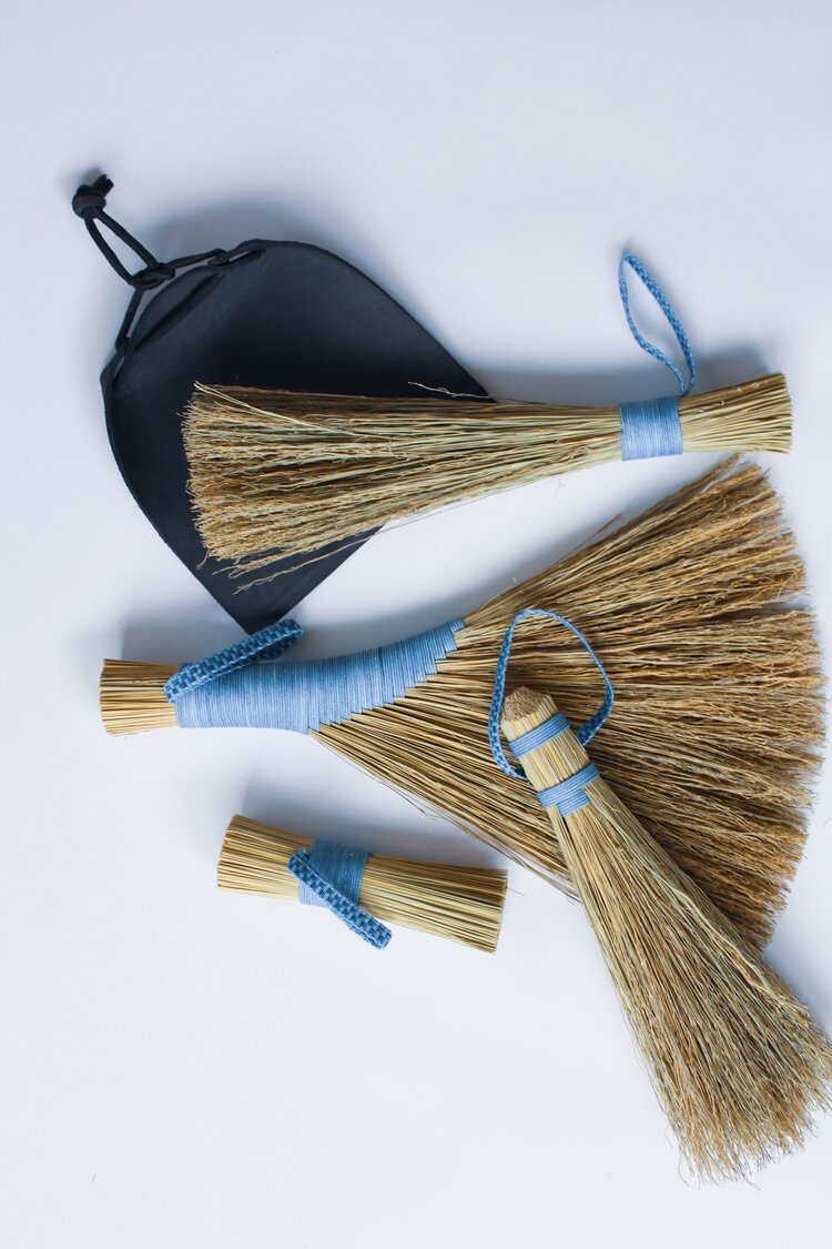 Black-Dustpan-with-Scrub-Handbroom-and-Brushes-with-light-blue-threaded-handles